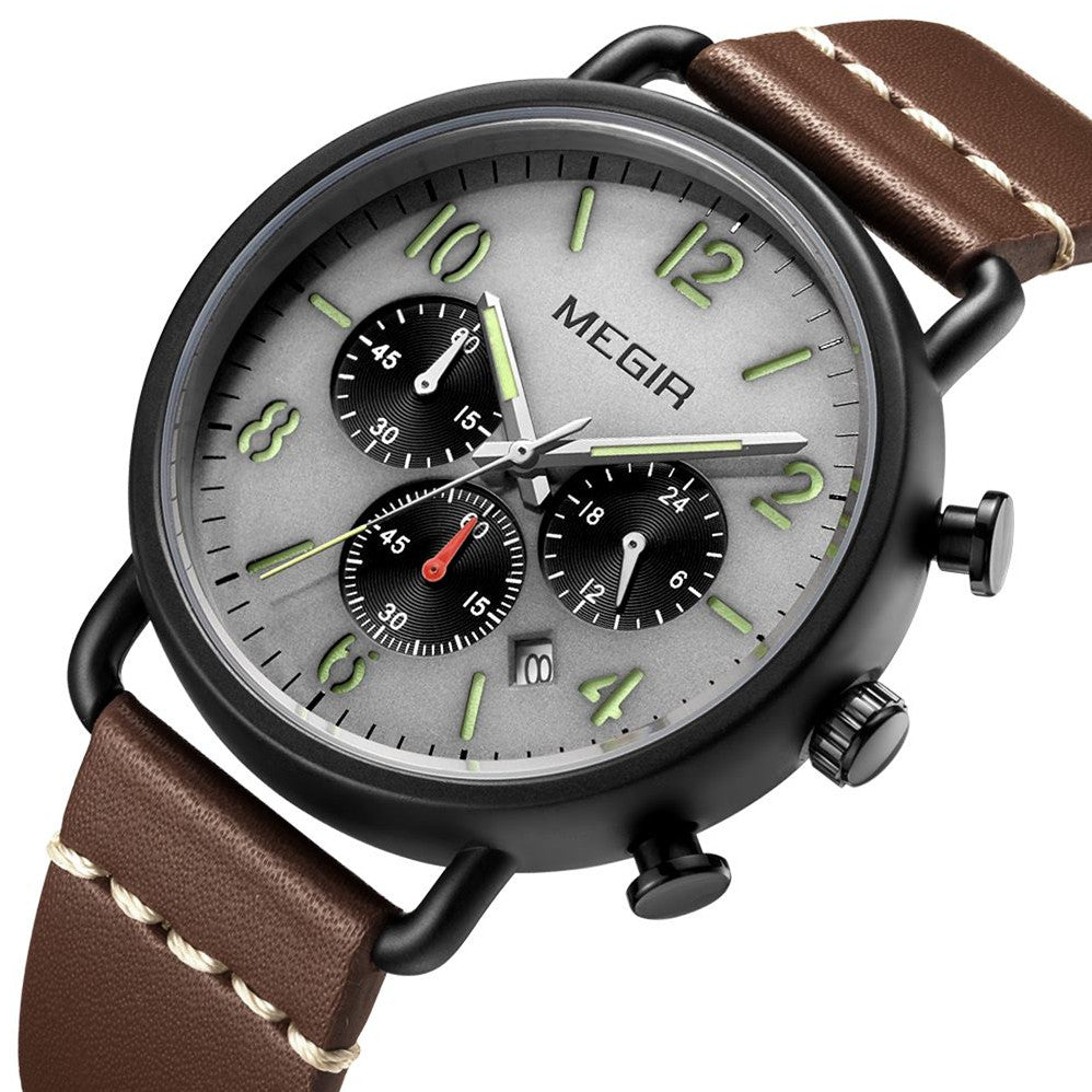 MEGIR Fashion Mens Watches Luxury Sport Quartz Wrist Watch Steel Mesh Business Casual Watches Calendar Leather Band Man Clock-5